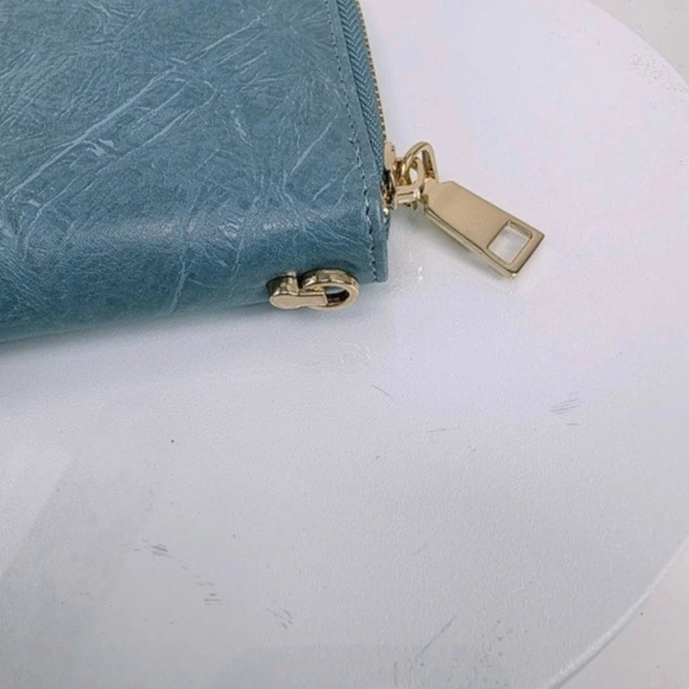 Long Zip Continental Organizer Wallet Blue Vegan Leather Minimalist Quiet Luxury